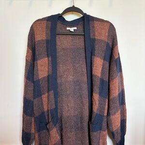 American Eagle Outfitters Navy and Rust Check Open-Front Women's Cardigan